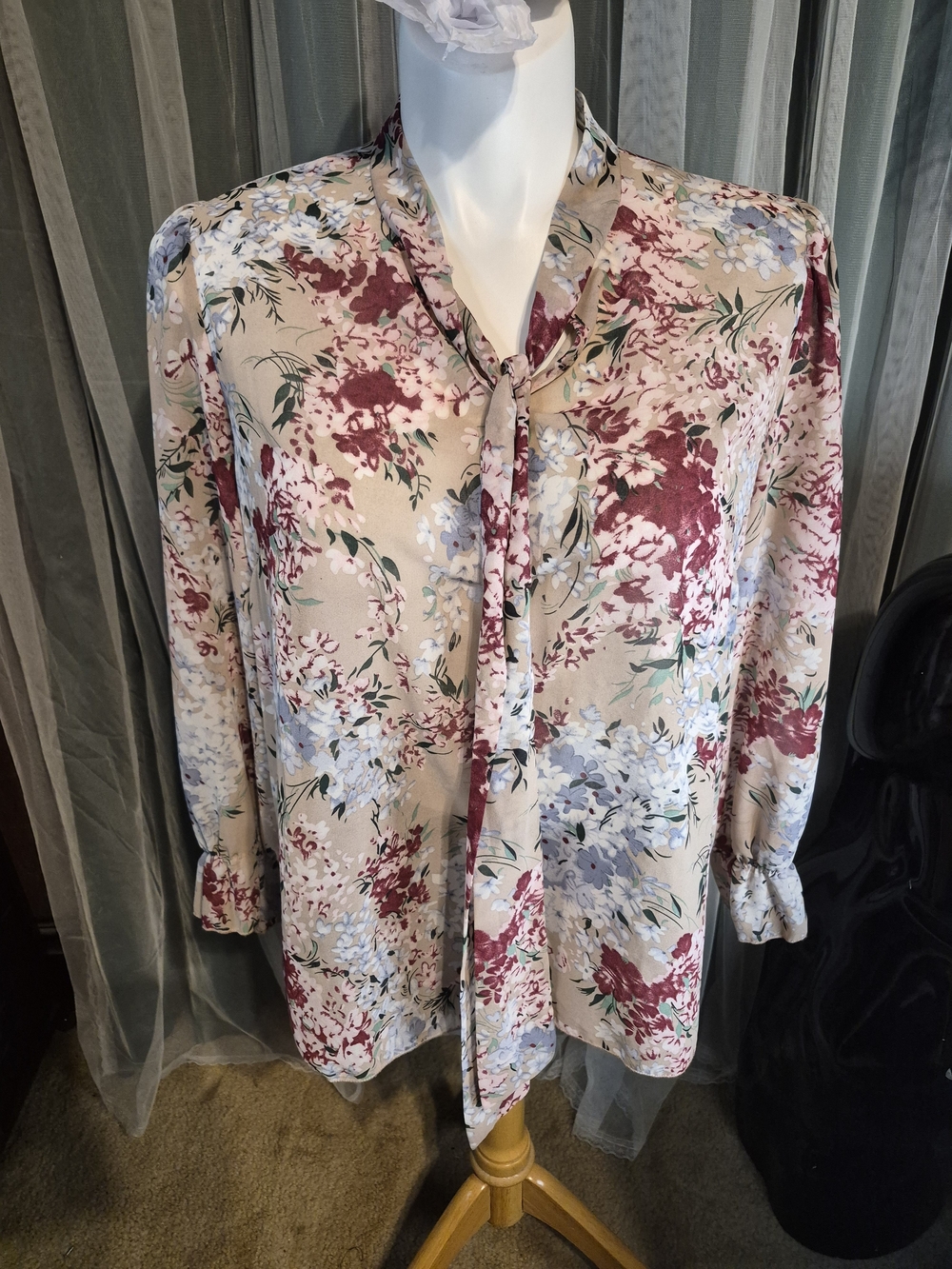 SHEIN Beige Floral Blouse with Pink & Green Accents